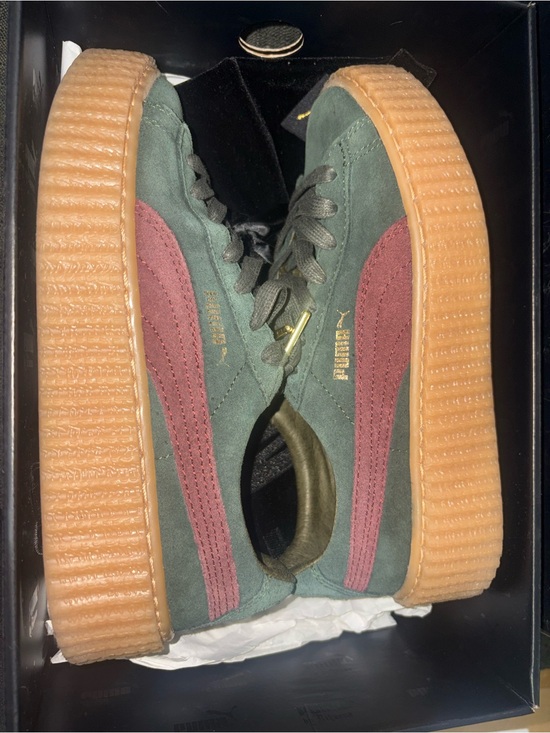 Puma Shoes - Puma Women's Suede Platform Sneakers in Olive Green and Burgundy with Gum Sole